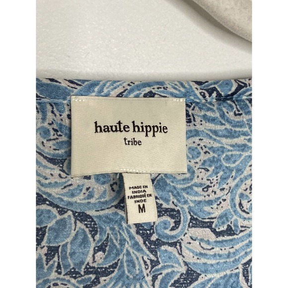 HAUTE HIPPIE TRIBE Avery Blue Paisley Top Peasant Cottagecore Boho Blouse Sz M - Picture 3 of 6
